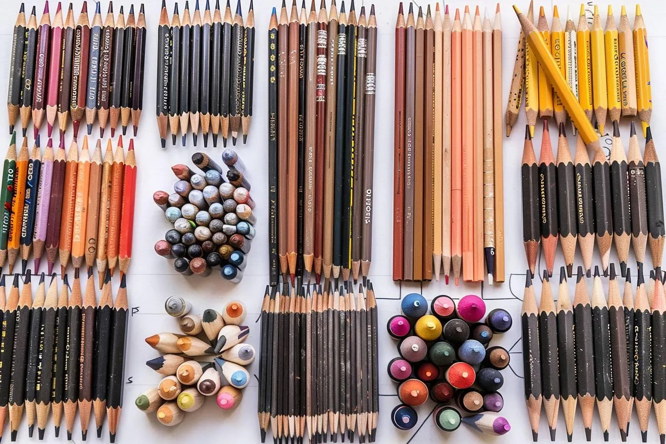 Crayons graphite, porte-mine, gomme et carnet posés sur une table de dessin inclinée.