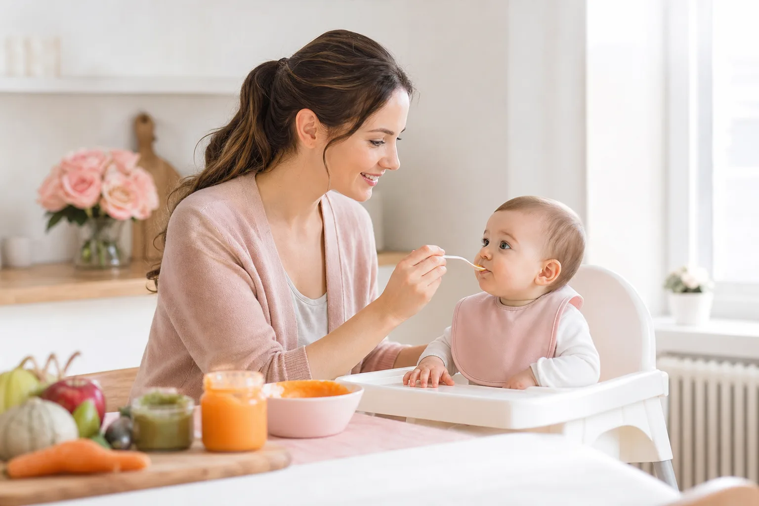 Parent donnant une purée de légumes à la cuillère à un bébé de six mois assis dans sa chaise haute.