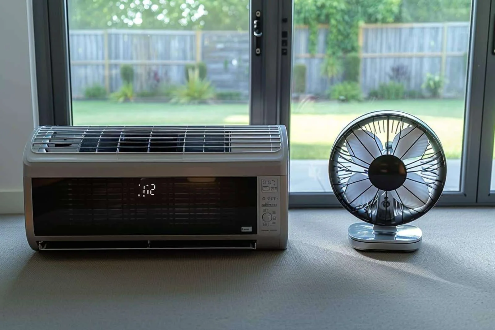 Comparatif visuel entre un ventilateur sur pied et un climatiseur mobile dans un salon lumineux en période de forte chaleur.