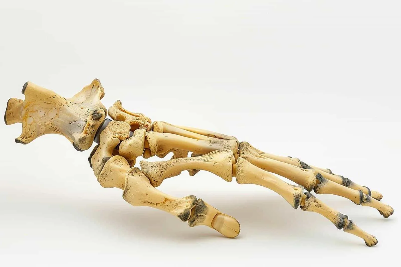 Schéma anatomique descriptif du squelette d’une main montrant les os du carpe, les métacarpiens et les phalanges.