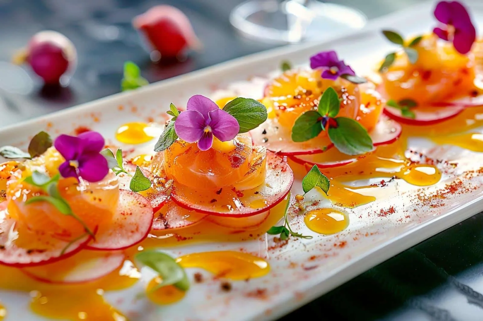 Une table intimiste face à une cuisine ouverte, dressée pour un menu gastronomique en plusieurs services.