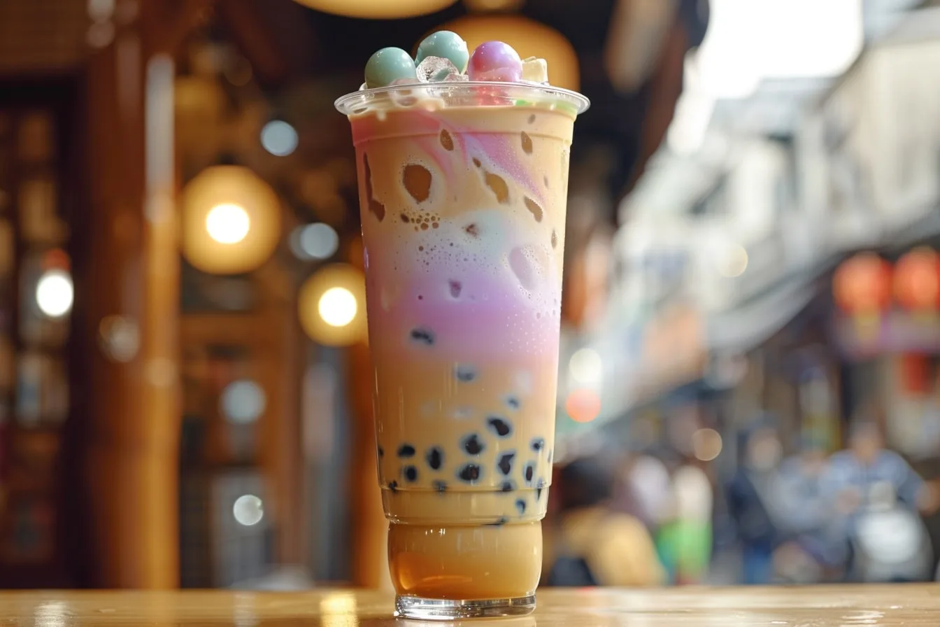 Deux verres de bubble tea glacé, l’un au lait avec perles de tapioca noires et l’autre fruité, posés sur une table colorée.