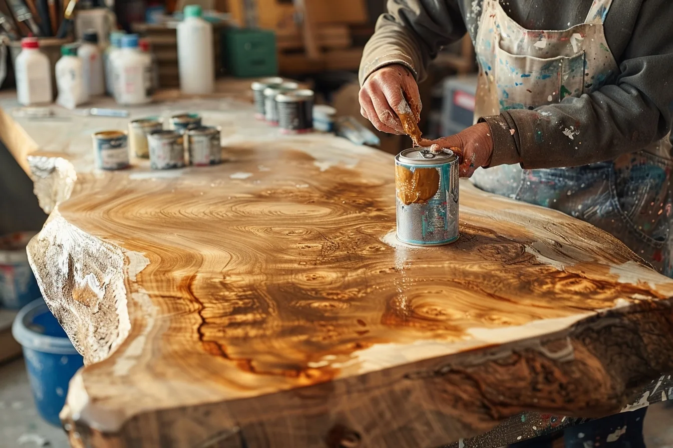 Meuble en bois ancien rénové avec une peinture vert sauge satinée, pinceau et pot de peinture posés à côté.