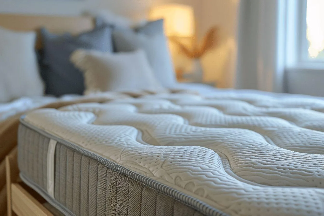 Lit Montessori en bois au sol équipé d’un matelas adapté dans une chambre d’enfant lumineuse.