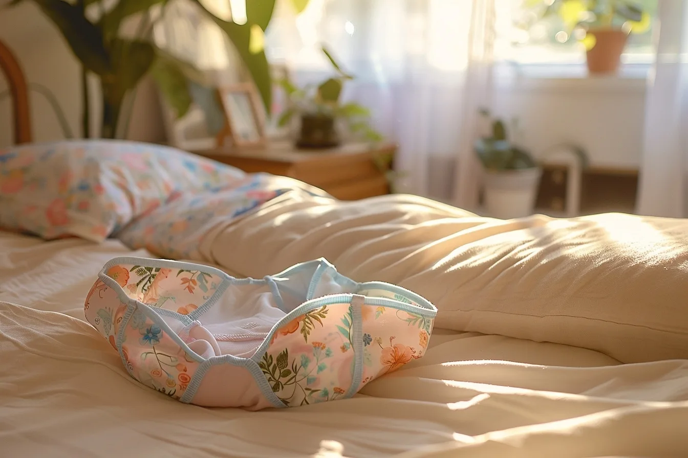 Culotte de règles en tissu posée près d’une serviette, d’une lessive douce et d’un panier à linge.
