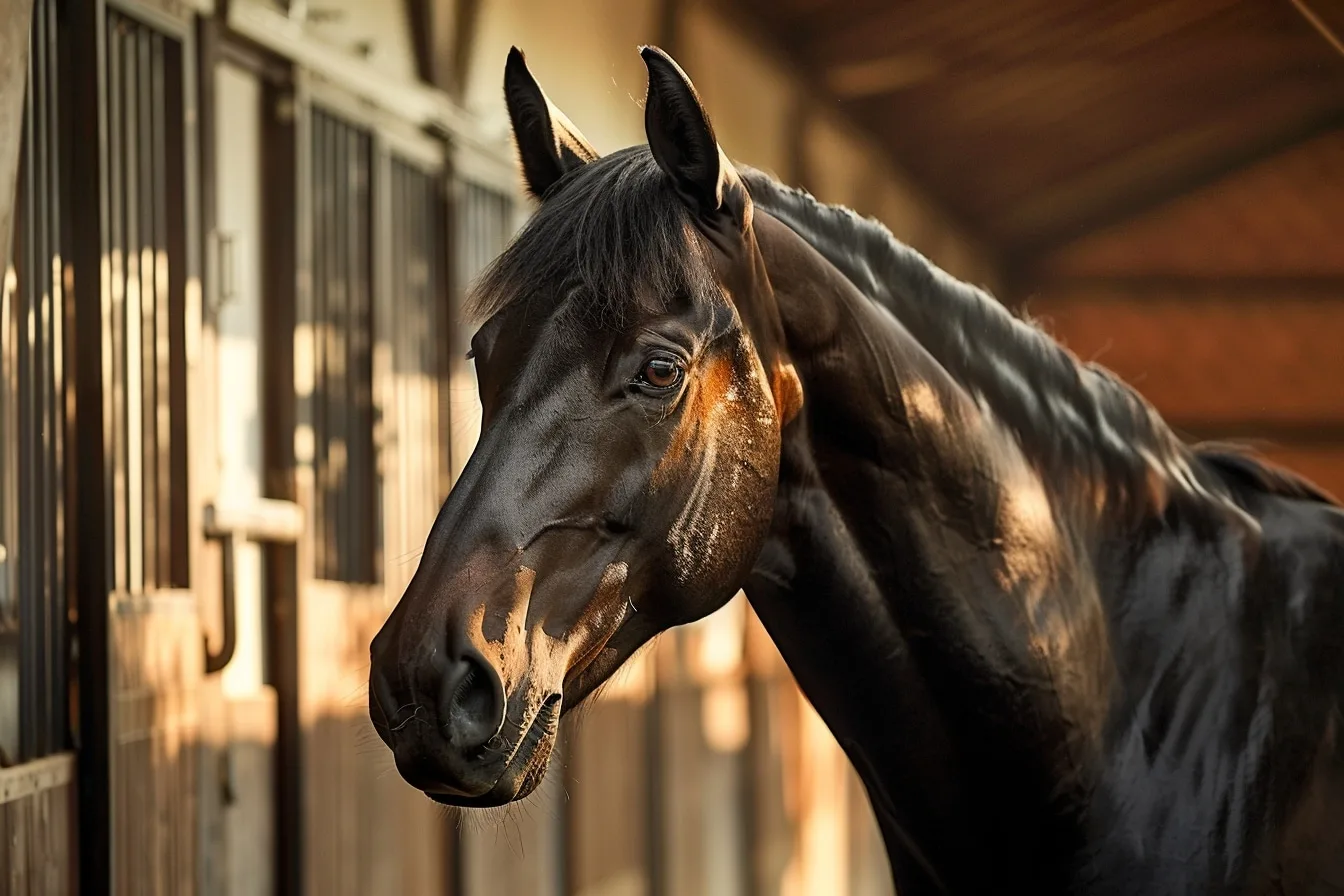Cavalière en tenue d’équitation consultant un dossier de financement à côté de son cheval de compétition.
