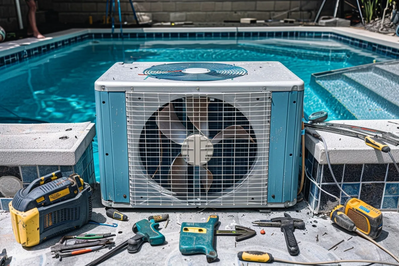 Technicien raccordant une pompe à chaleur à la filtration d’une piscine avec un circuit de dérivation.
