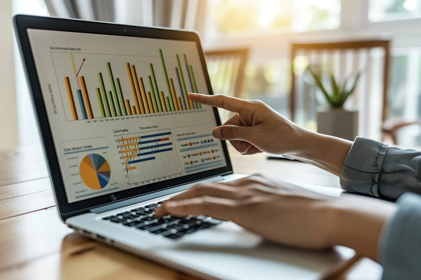 Femme consultant un comparateur de crédit sur son ordinateur, avec des offres de prêt et une calculatrice sur son bureau.