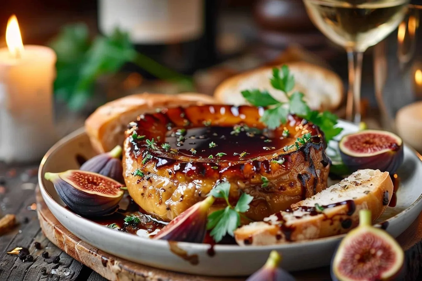 Tranches de foie gras entier servies sur du pain grillé, avec un bocal et une terrine en arrière-plan.
