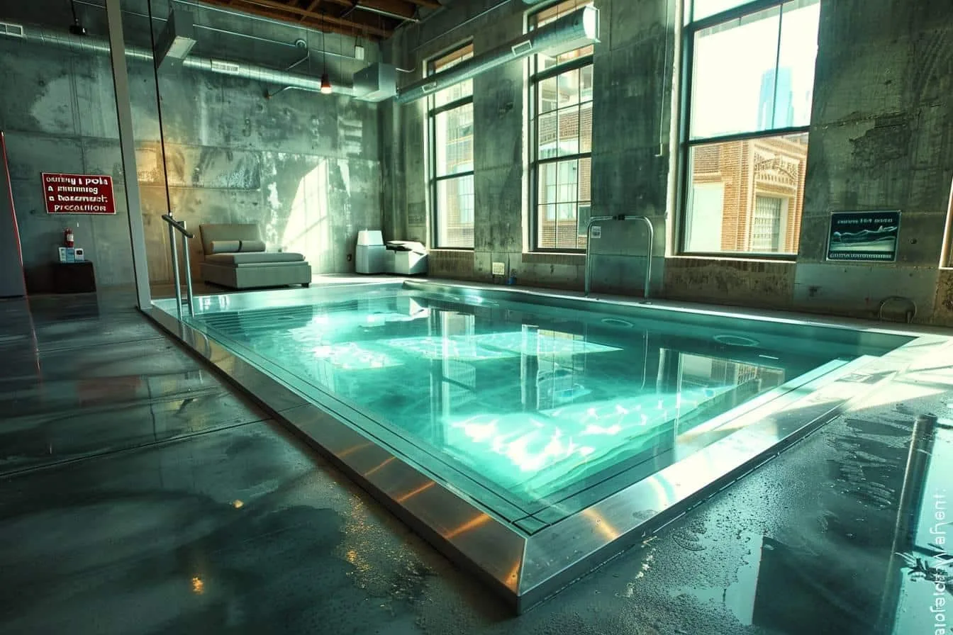 Piscine intérieure aménagée dans une cave avec déshumidificateur, ventilation et sol antidérapant.