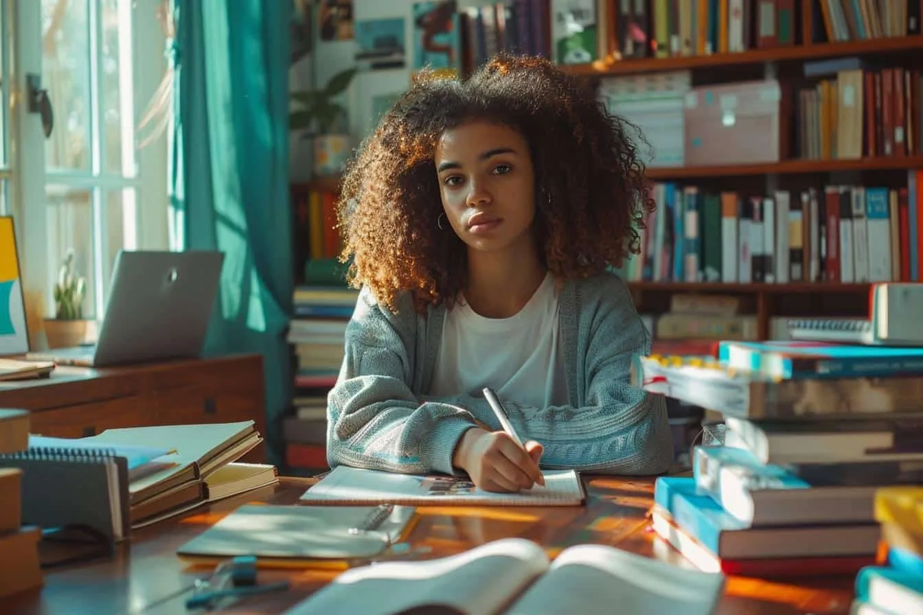 Élève au bureau échangeant avec une coach scolaire et organisant ses révisions à l’aide de fiches et d’un ordinateur.