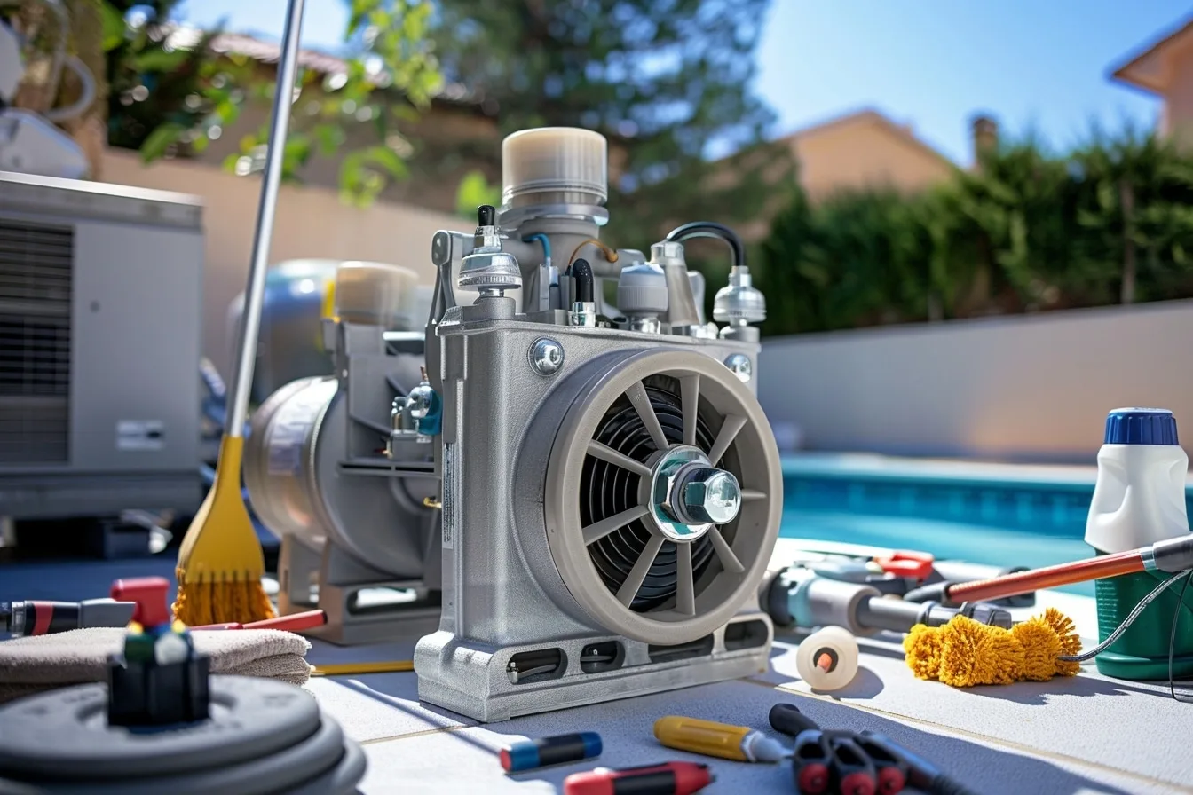 Pompe de piscine avec préfiltre transparent et panier de filtration en cours d’entretien
