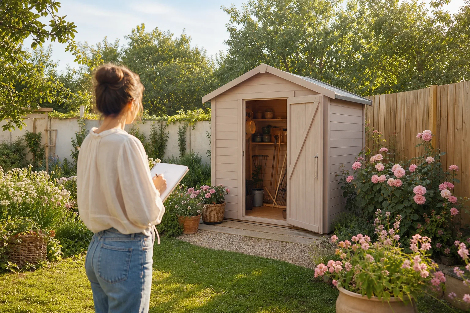 Abri de jardin en bois installé au fond d’un jardin, avec porte double et outils rangés à proximité.