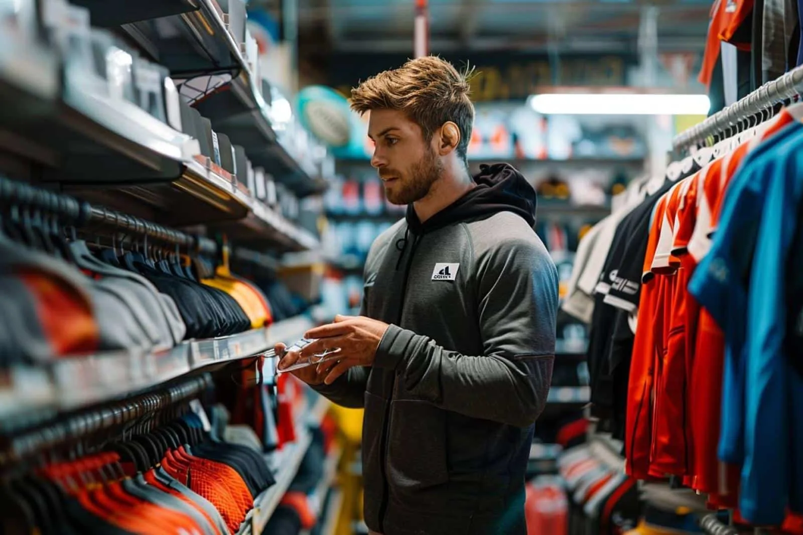 Personne examinant la coupe et le tissu d’un maillot de rugby dans un magasin de sport.