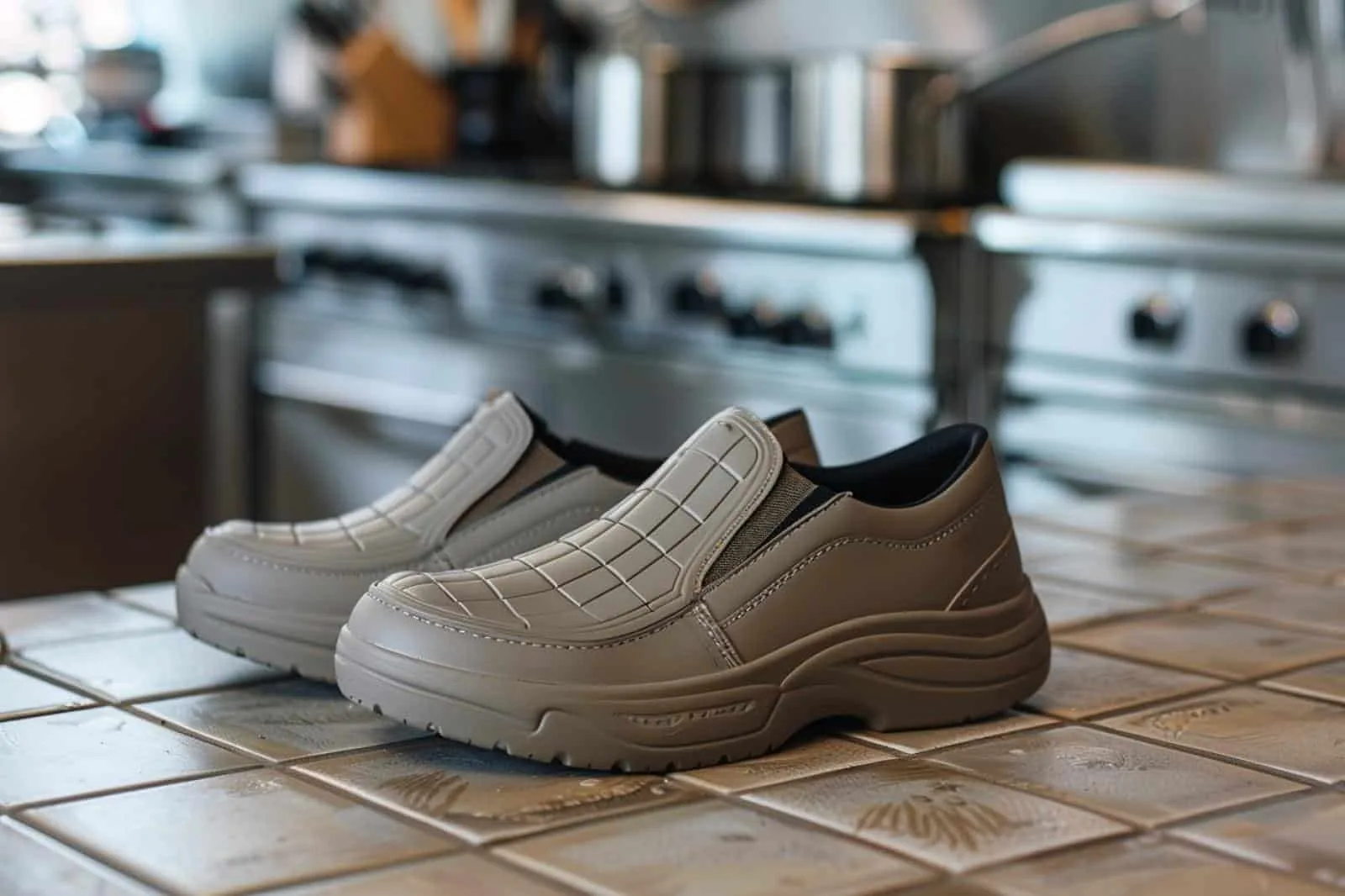 Paire de chaussures de cuisine noires à semelle antidérapante posée sur un sol de cuisine professionnelle.