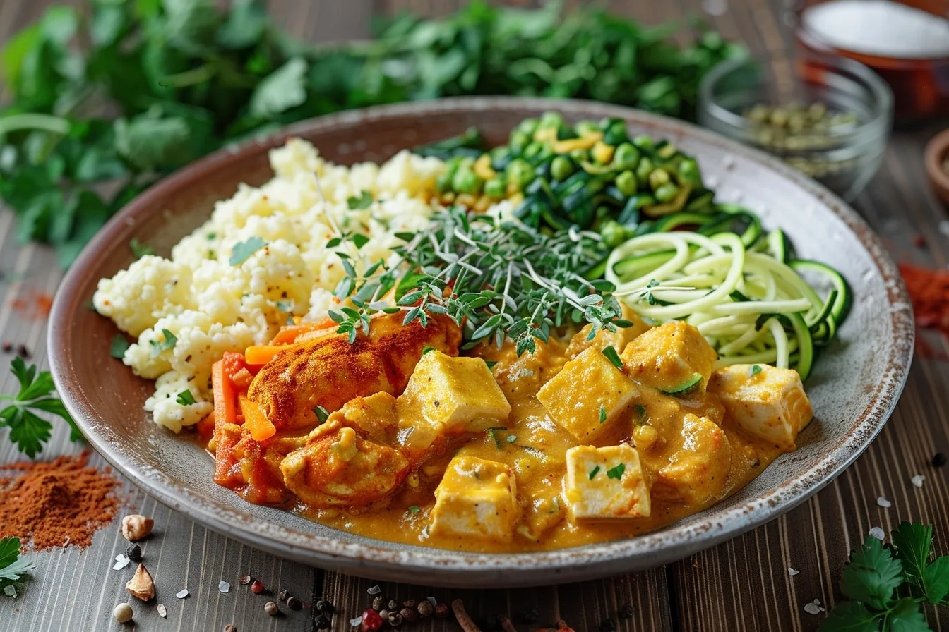 Bol de curry keto crémeux au lait de coco, légumes verts et herbes fraîches, servi avec du riz de chou-fleur.