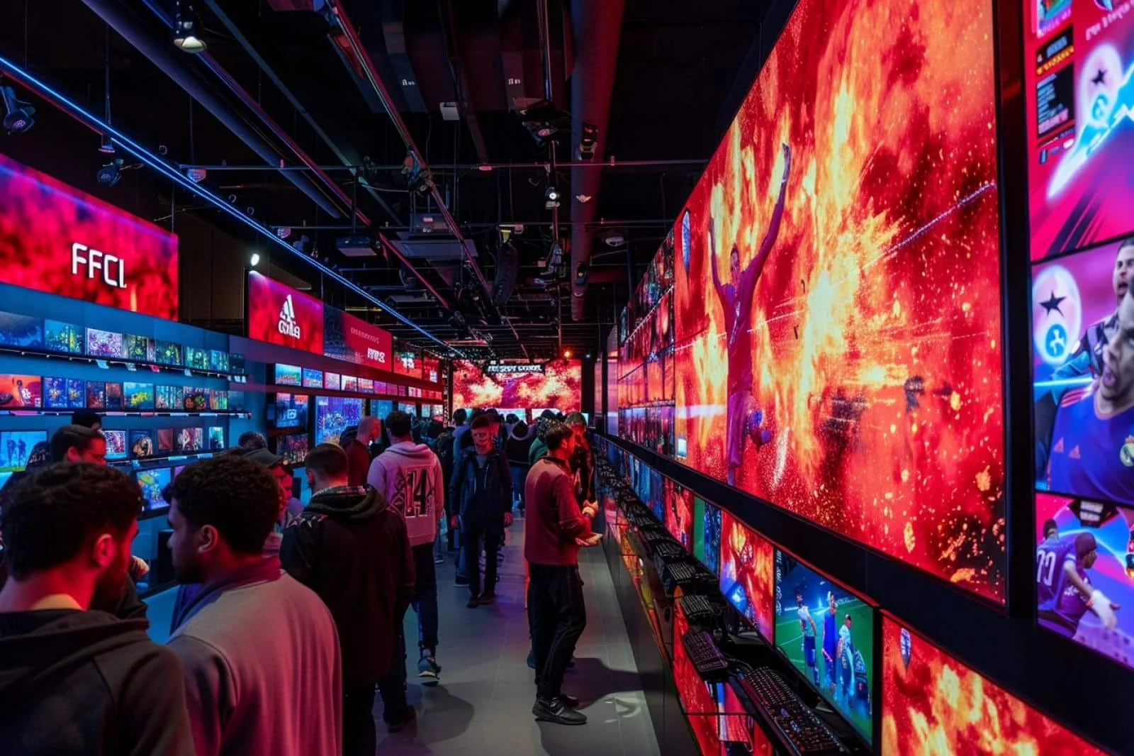 Boîtiers de jeux de football EA Sports FC pour consoles, présentés avec une manette de jeu vidéo.