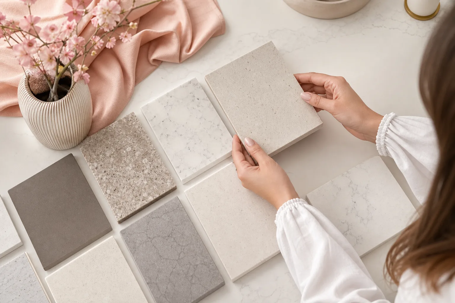 Plan de travail de cuisine sur mesure en quartz clair avec évier encastré et crédence assortie.
