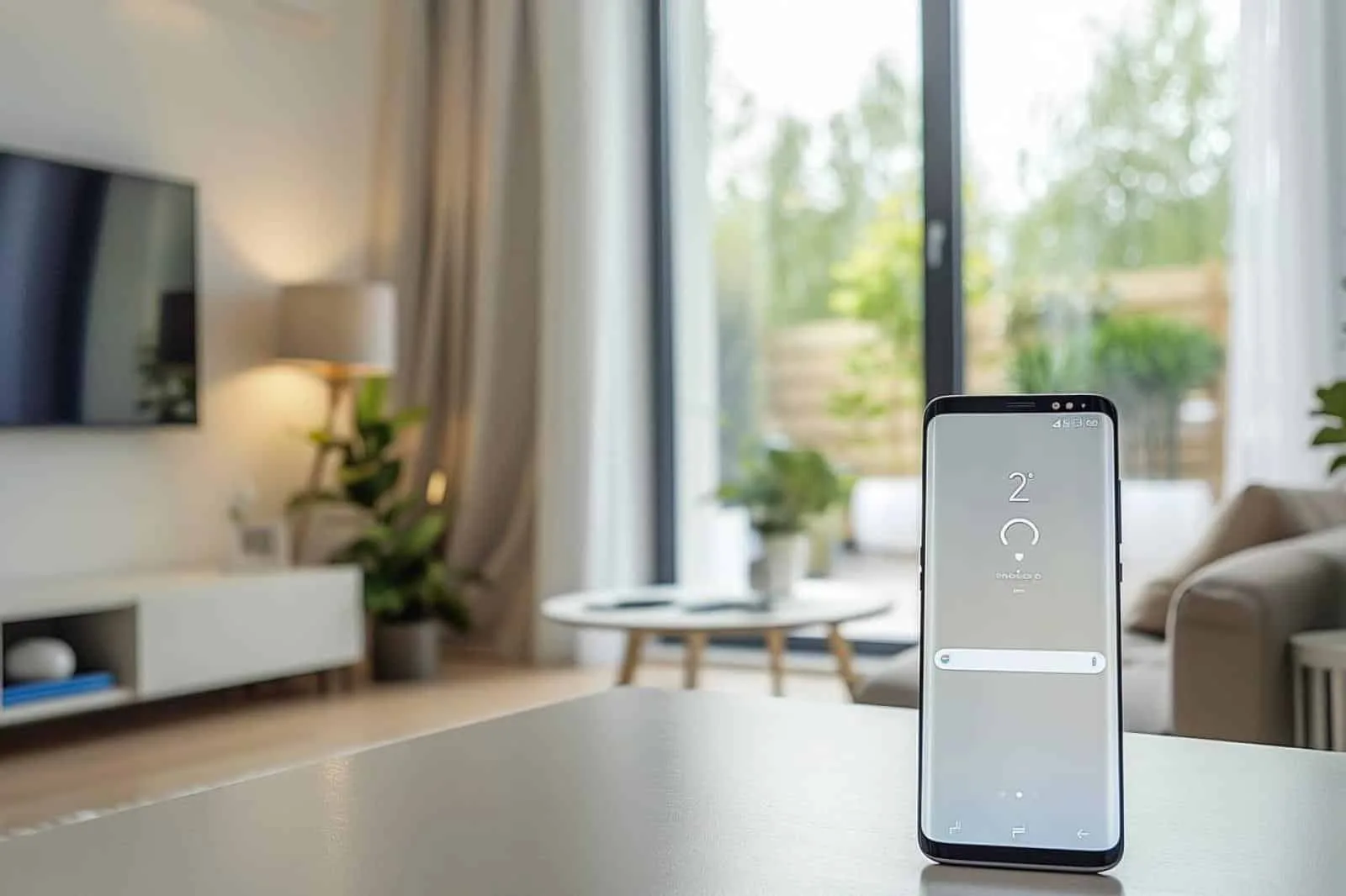 Téléphone Samsung posé sur une table avec un écran de mise à jour bloqué et un câble de charge à côté.