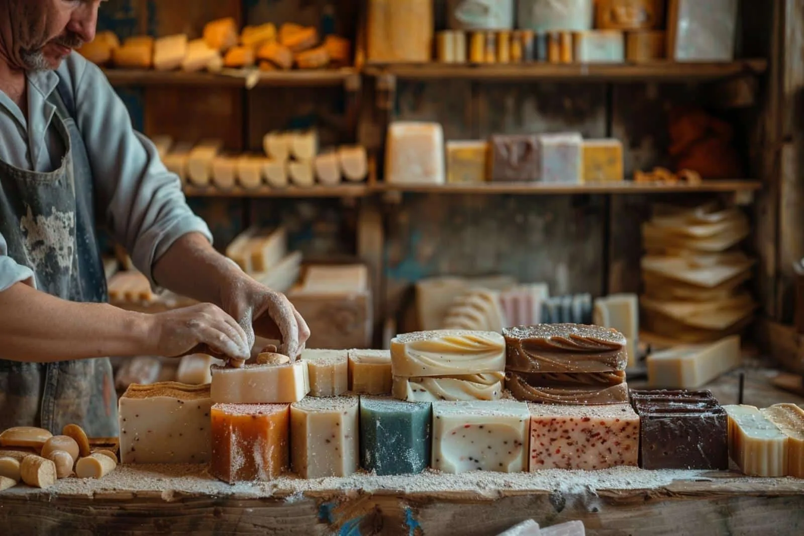 Savons artisanaux découpés à la main, avec grains de sel marin, sur une table en bois près des marais salants de l’île de Ré.