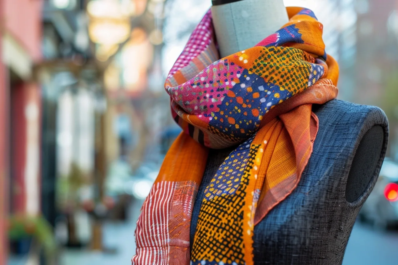 Écharpe personnalisée en maille douce, ornée d’initiales brodées et posée sur un manteau beige.
