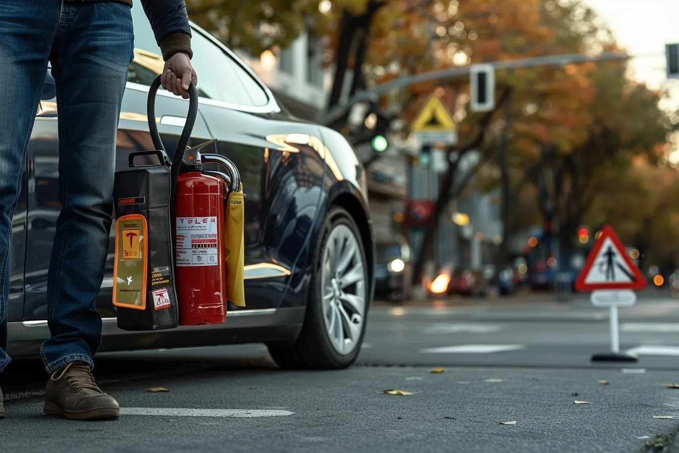 Kit de sécurité et accessoires essentiels rangés dans une Tesla pour préparer un trajet en toute sérénité.