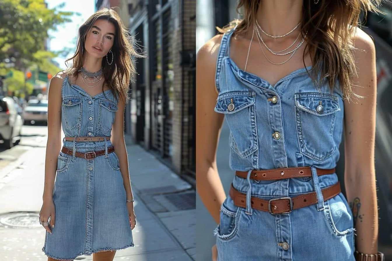 Robe en jean bleu moyen accessoirisée d’une ceinture en cuir, d’un sac en osier et de sandales dorées.