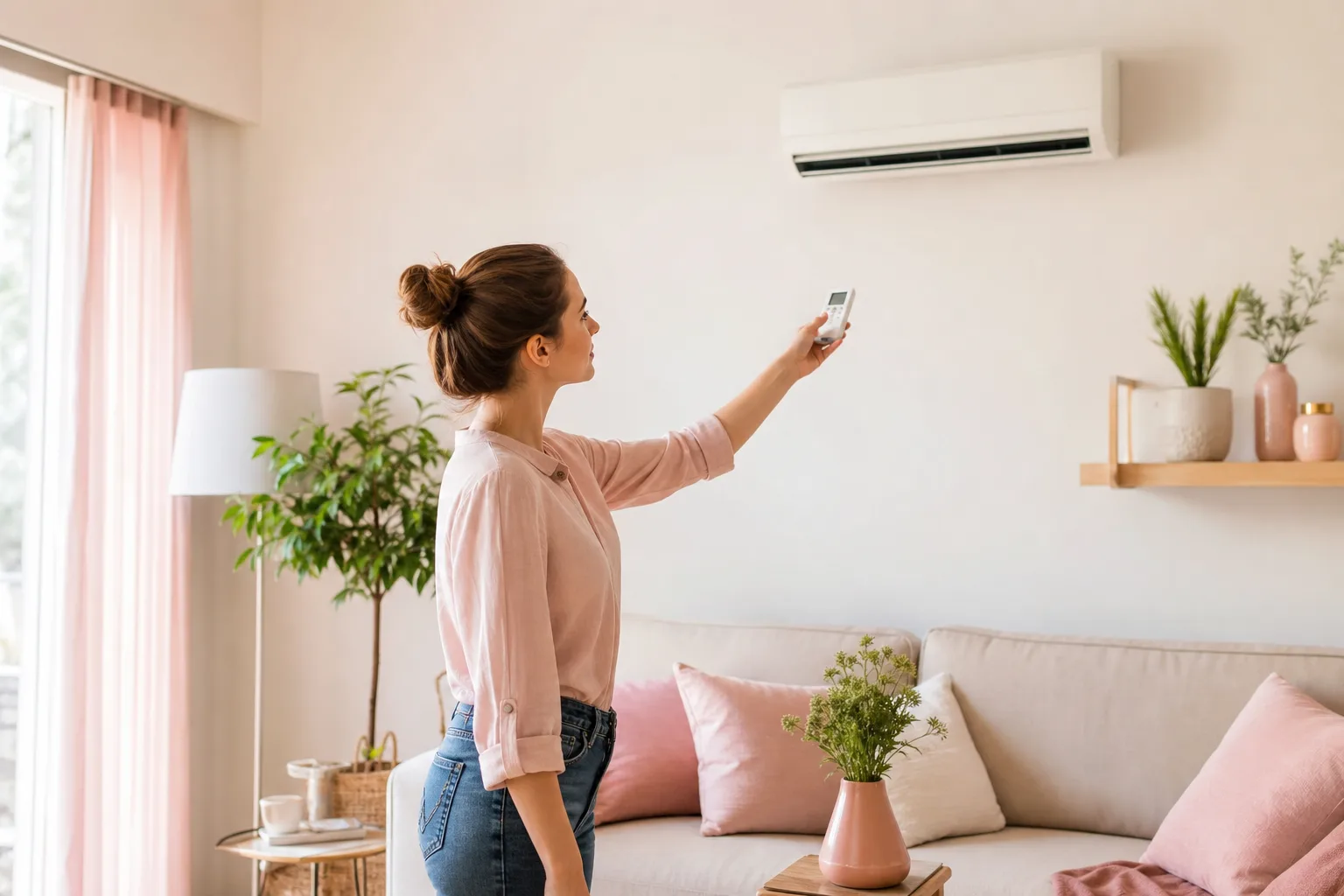 Femme réglant la télécommande d’un climatiseur mural dans un salon lumineux aux volets partiellement fermés.