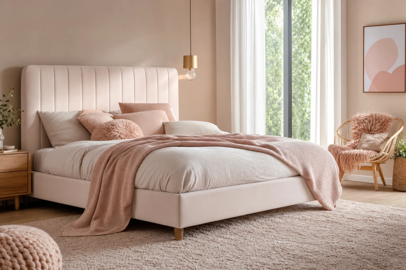 Chambre lumineuse avec cadre de lit en bois clair, linge de lit beige et table de chevet minimaliste.