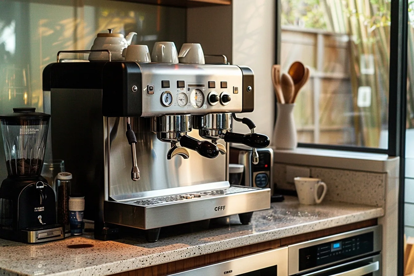 Produits de nettoyage, détartrant et pastilles posés à côté d’une machine à café propre.