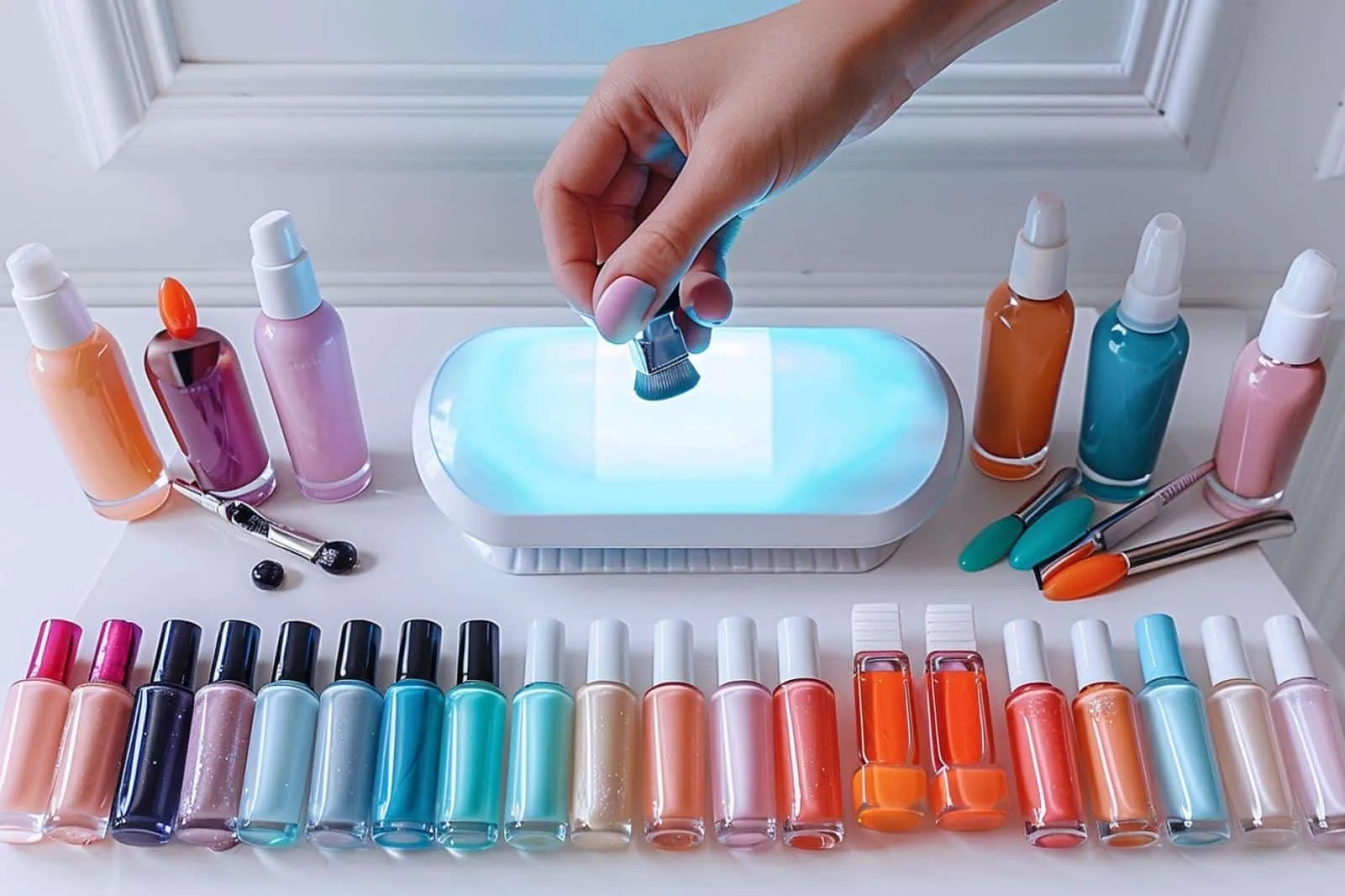 Accessoires essentiels pour réaliser une manucure au vernis semi-permanent à la maison : lampe LED, flacons, limes et outils de préparation.