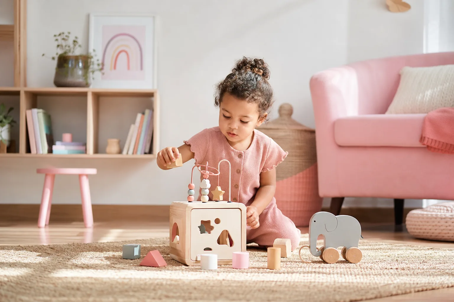 Enfant jouant avec des blocs de construction en bois modulables dans un salon lumineux et rangé.
