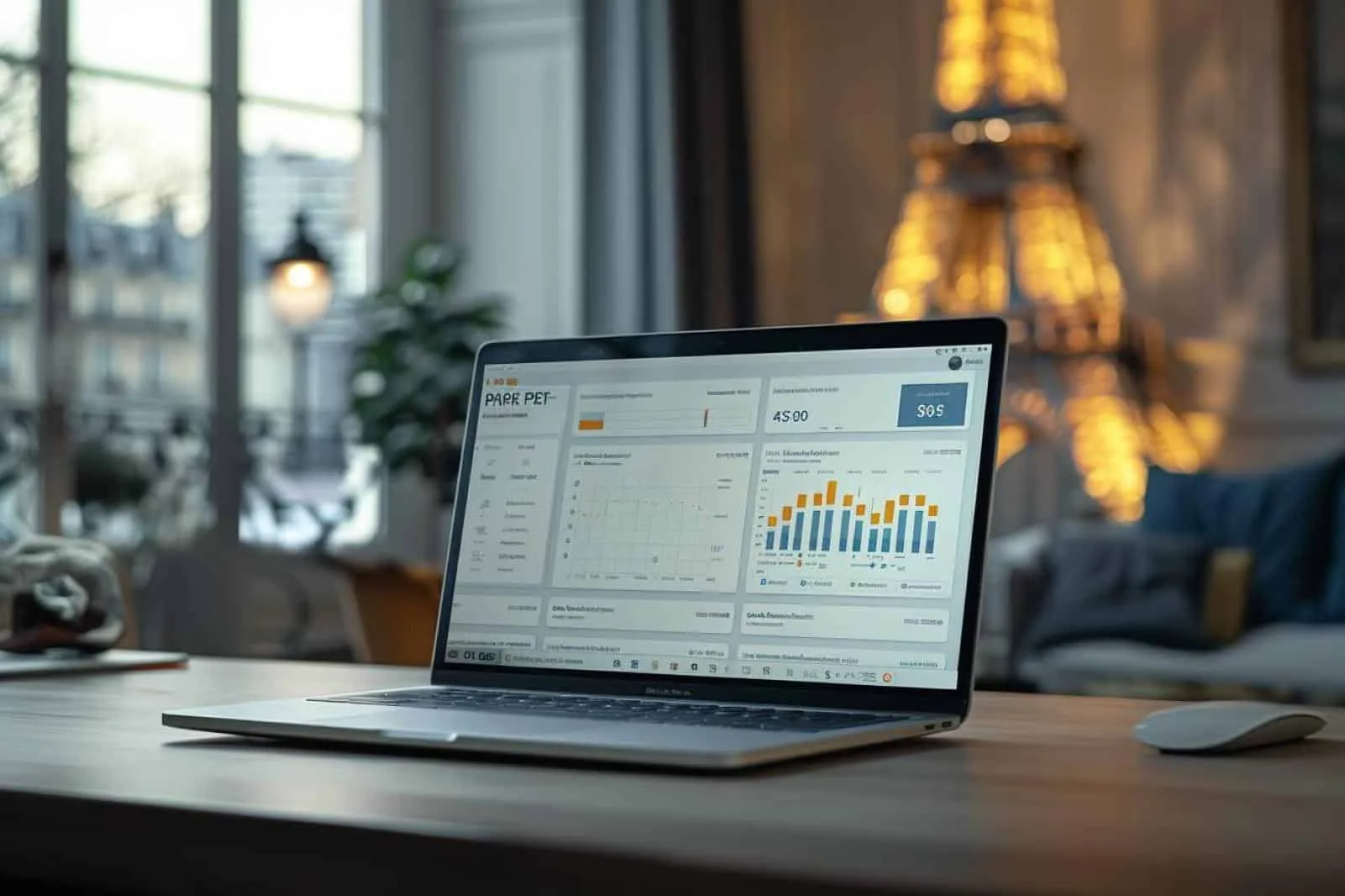 Propriétaire consultant un logiciel de gestion locative sur son ordinateur dans un appartement parisien lumineux.