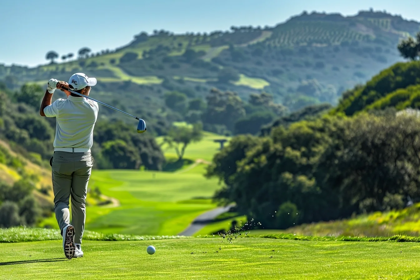 Golfeuse marchant sur un parcours verdoyant avec son sac de golf, dans une ambiance sportive et sereine.