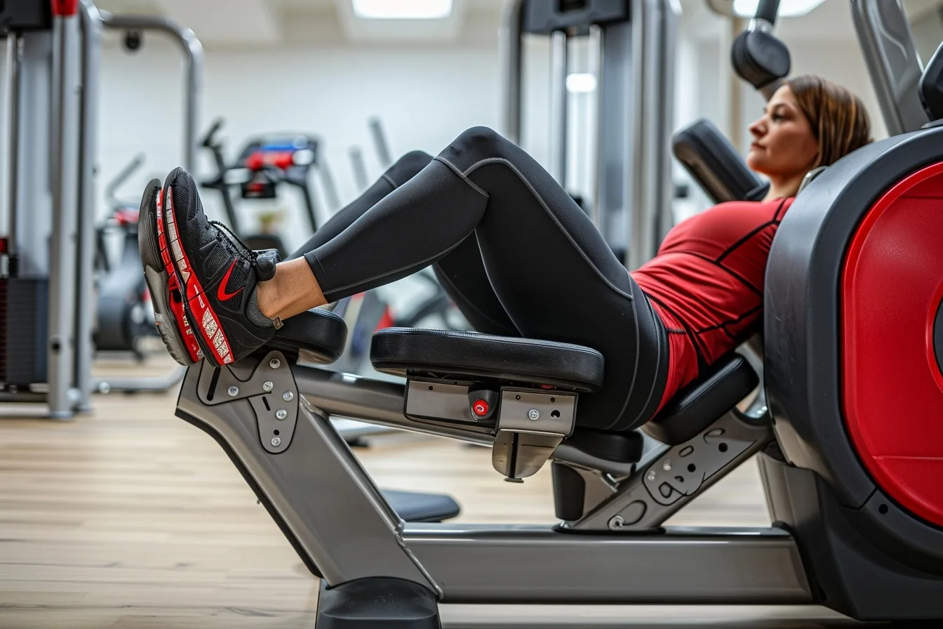 Femme réalisant un leg curl allongé sur une machine de musculation, jambes fléchies sous le boudin.