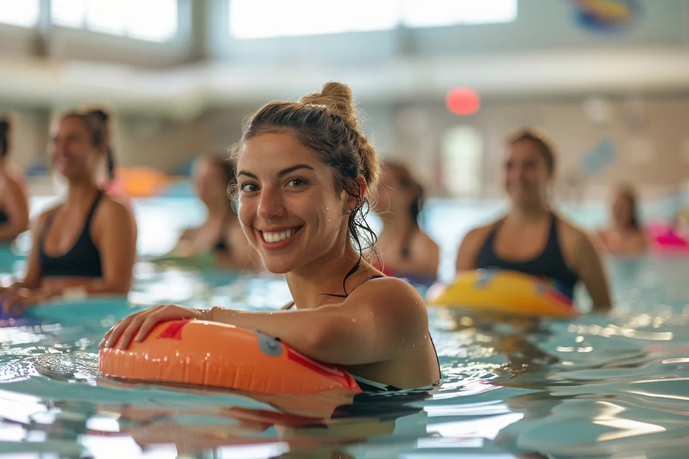 Femme participant à un cours collectif d’aquafitness dans une piscine, avec accessoires flottants et vélo aquatique.