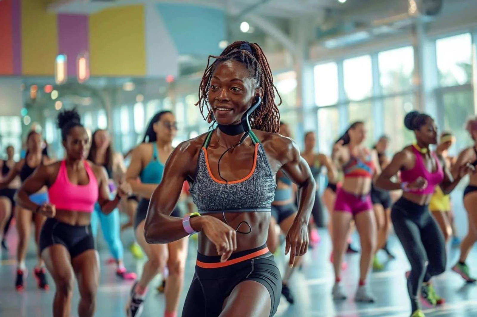 Groupe de femmes suivant un cours de danse fitness énergique avec une coach dans une salle lumineuse.