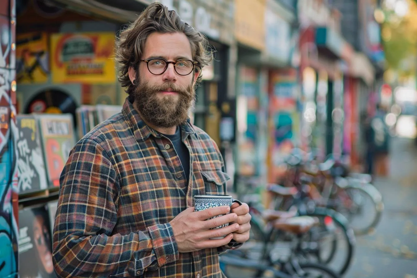 Homme au style hipster sobre portant une surchemise en laine, un jean brut, des bottines en cuir et des lunettes rondes.