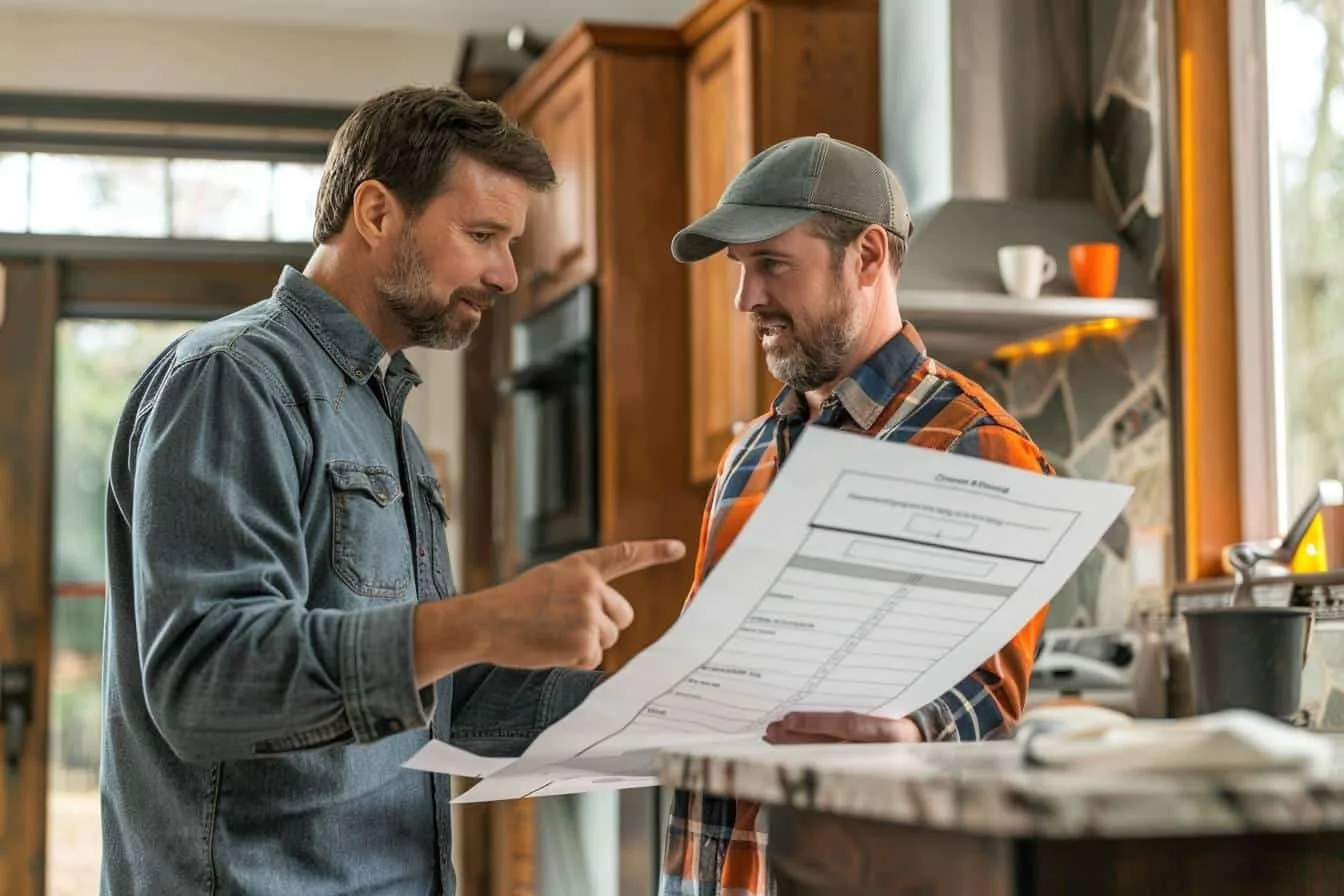 Propriétaire consultant des devis et plans de rénovation énergétique devant une maison isolée.