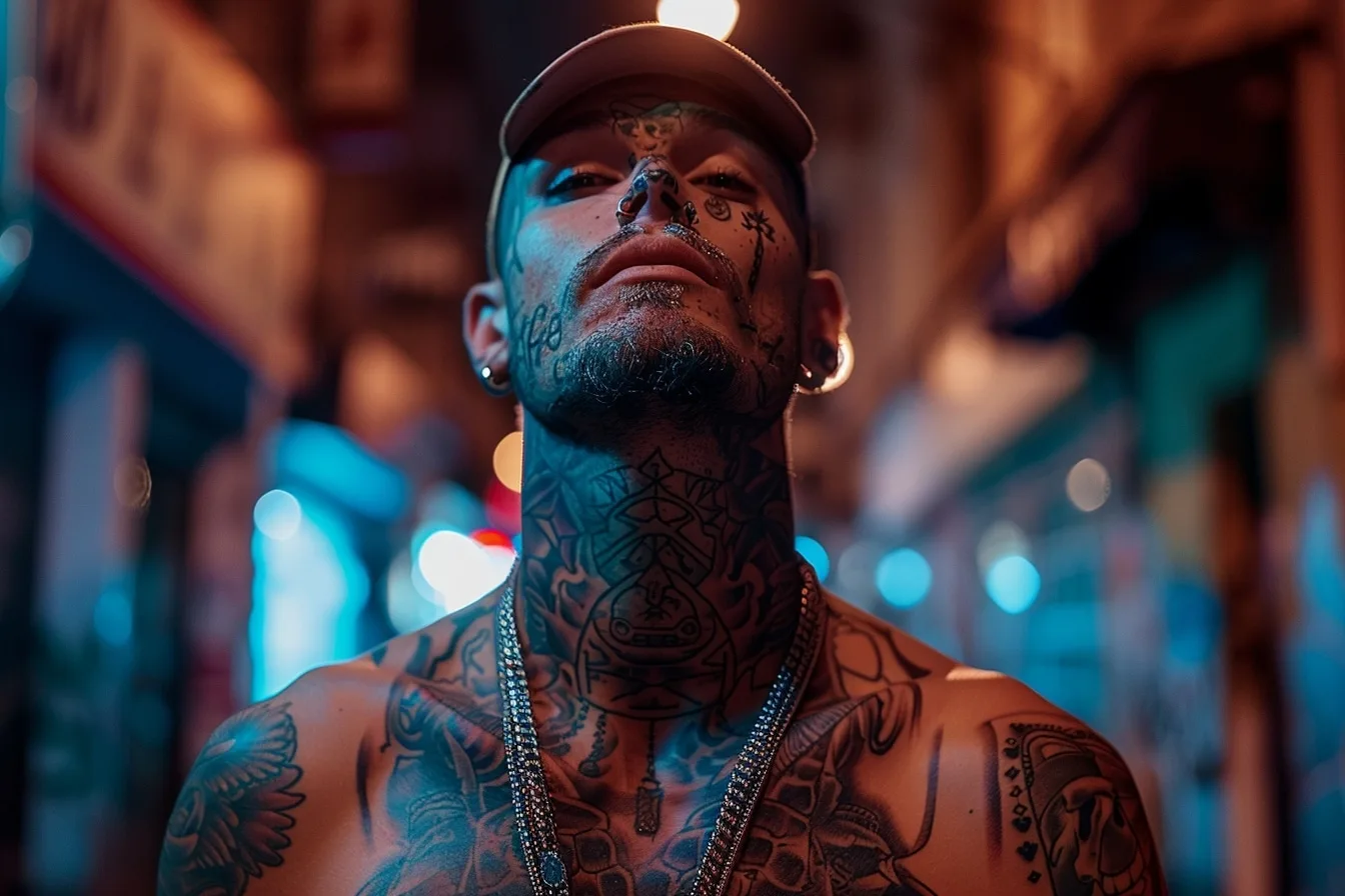 Homme de profil portant un tatouage fin et graphique sur le côté du cou.