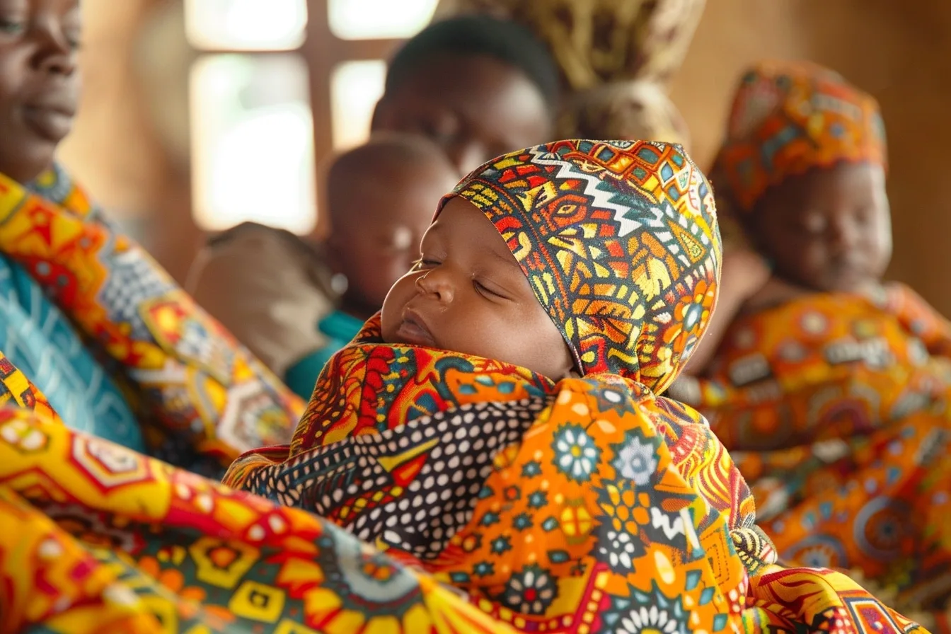 Une famille sénégalaise réunie lors d’une cérémonie de prénom traditionnelle, dans une ambiance chaleureuse et colorée.