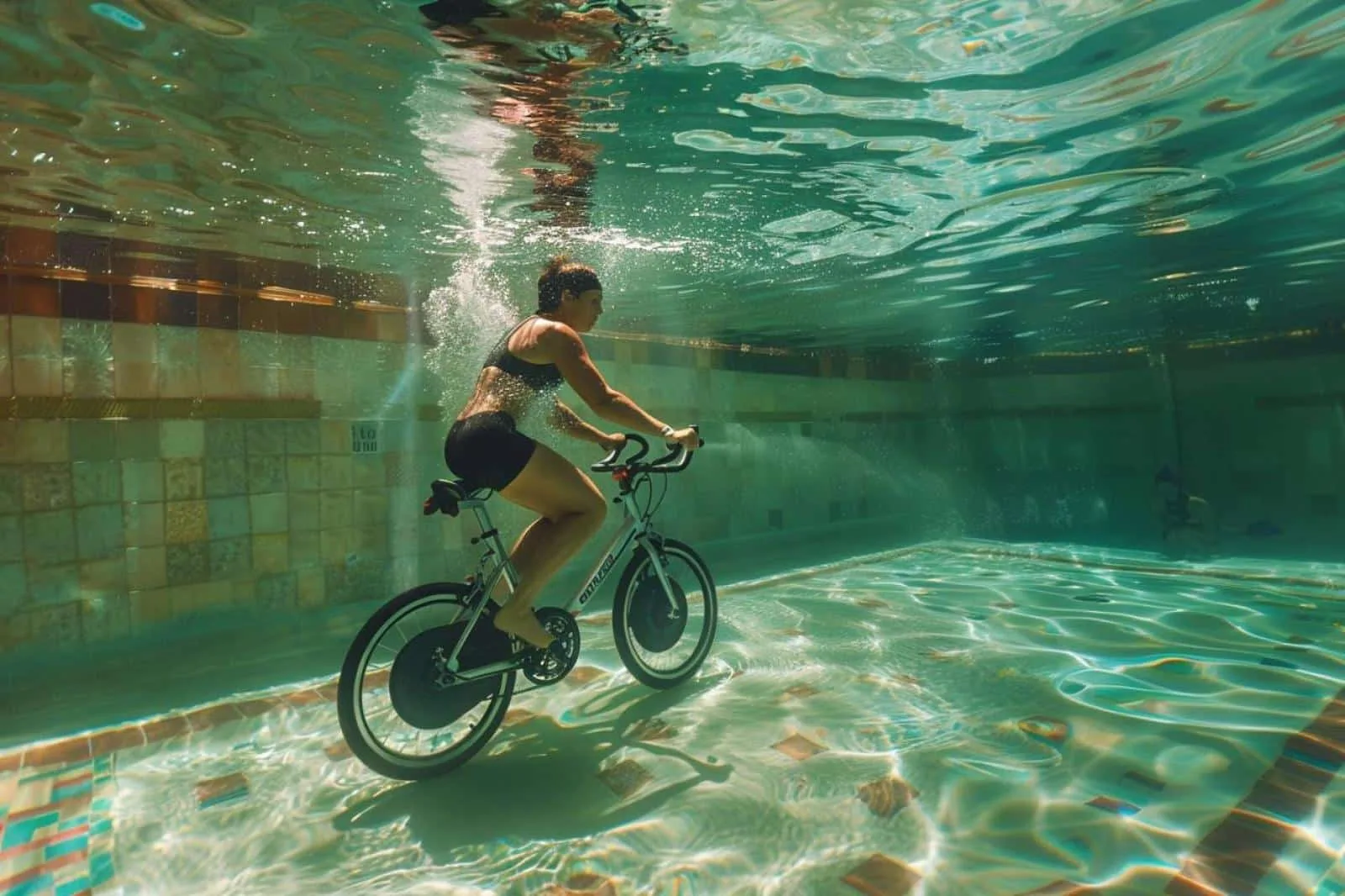 Femme pratiquant l’aquacycling sur un vélo immergé dans une piscine lors d’un cours collectif.