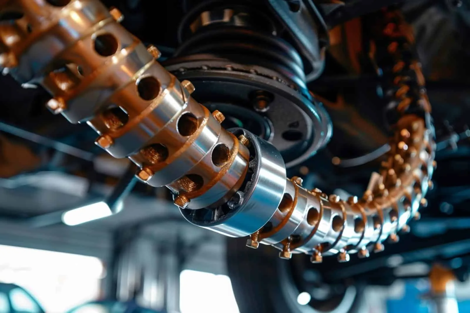 Gros plan d’un flexible de frein reliant une canalisation rigide à l’étrier d’une roue de voiture.