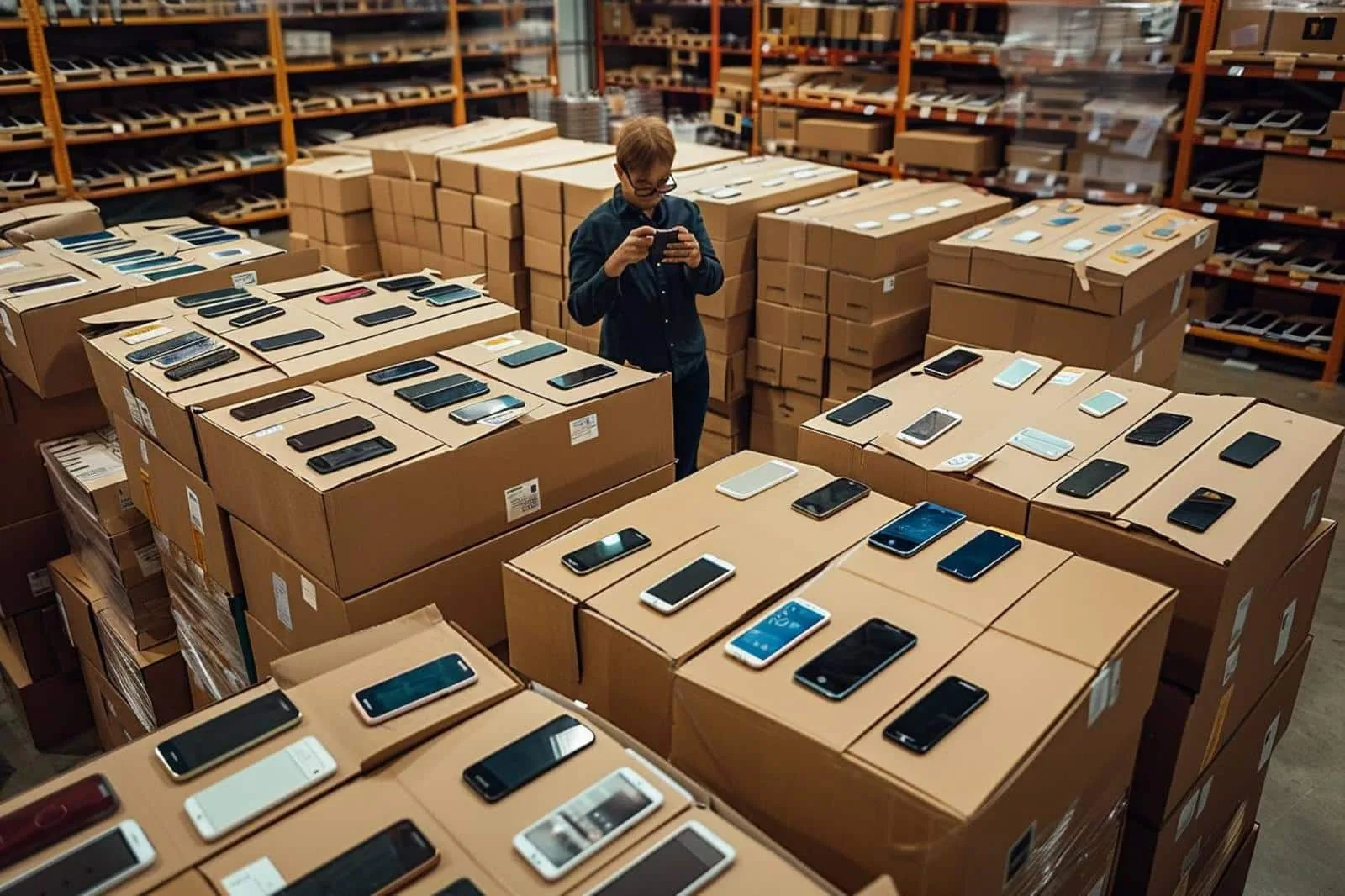 Professionnelle comparant des smartphones et des documents de commande chez un grossiste de téléphones mobiles.