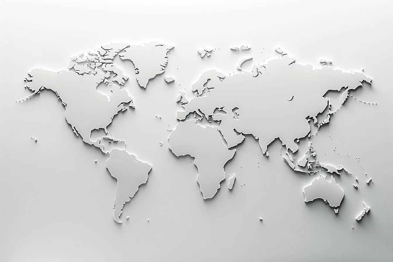 Planisphère vierge du monde en noir et blanc avec contours des continents et frontières des pays.