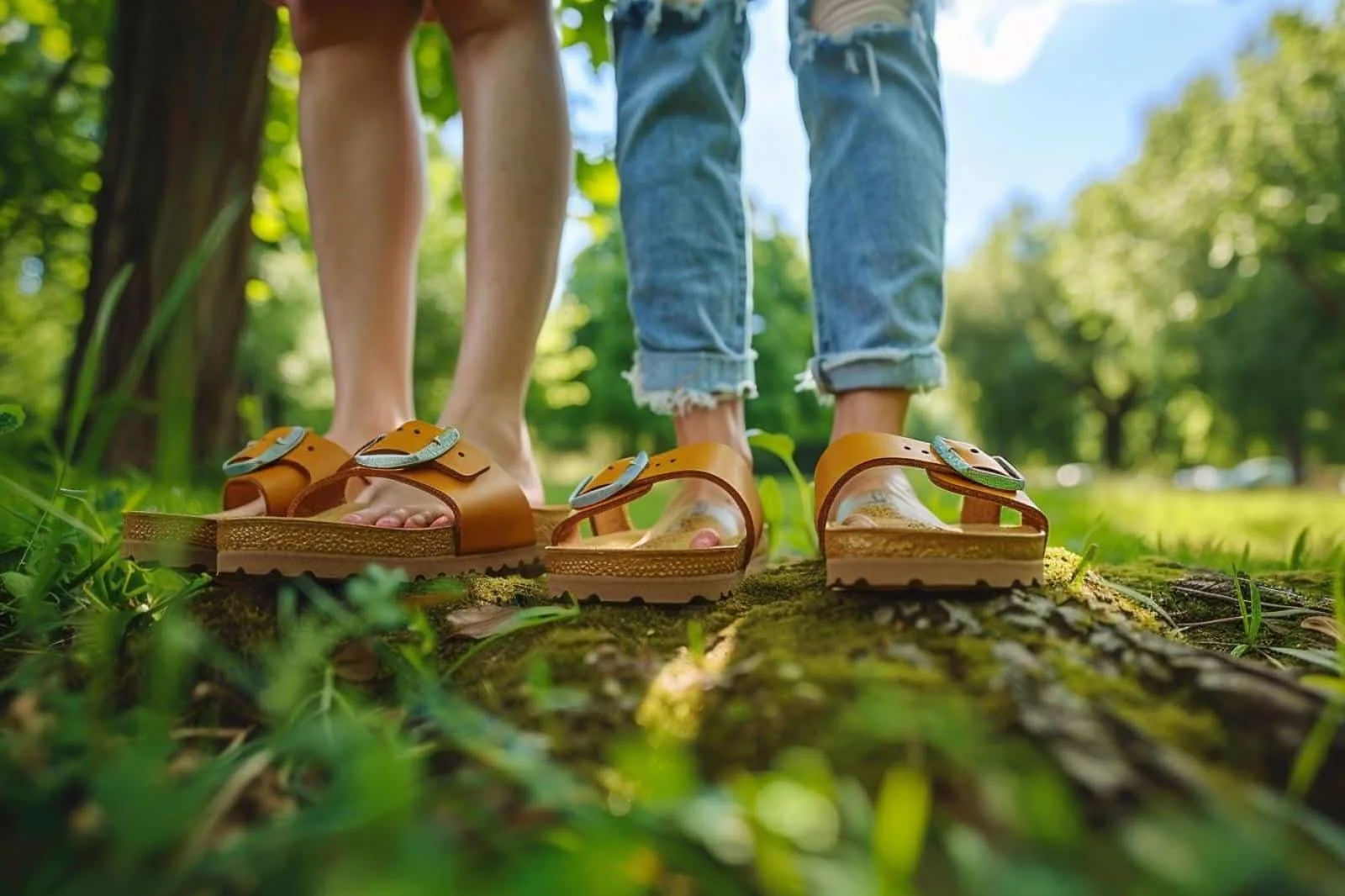 Femme portant des sandales Birkenstock en cuir avec un jean droit et un sac en osier dans une rue ensoleillée.