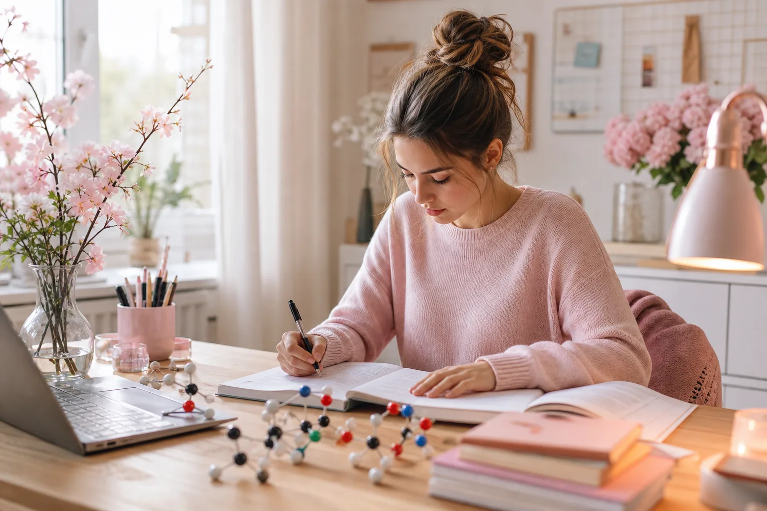 Cahier de révision ouvert avec formules de chimie organique, stylo et modèle moléculaire coloré pour préparer le bac STL.