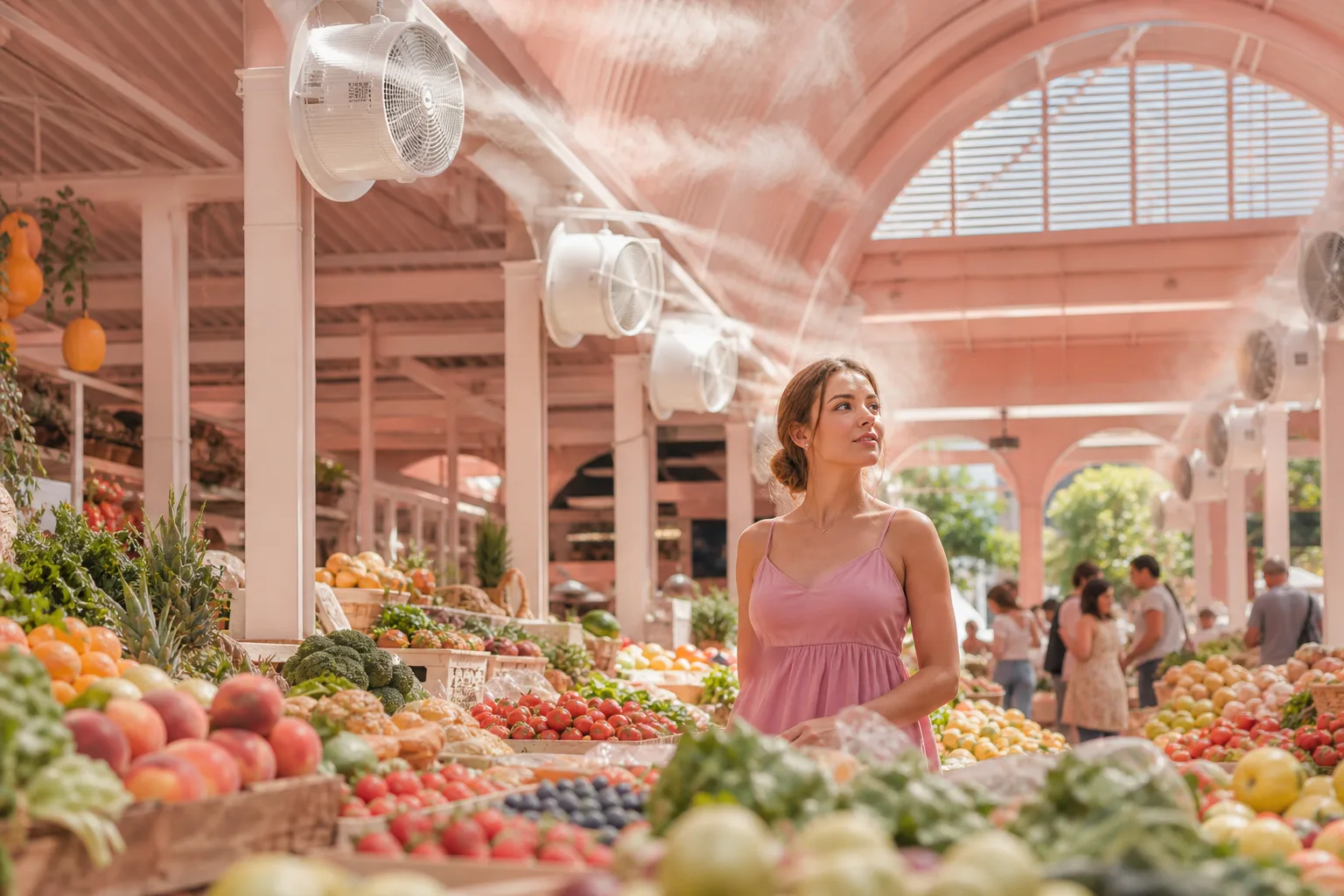 Allée d’un marché couvert rafraîchie par un système adiabatique, avec diffuseurs en hauteur et étals de fruits et légumes.