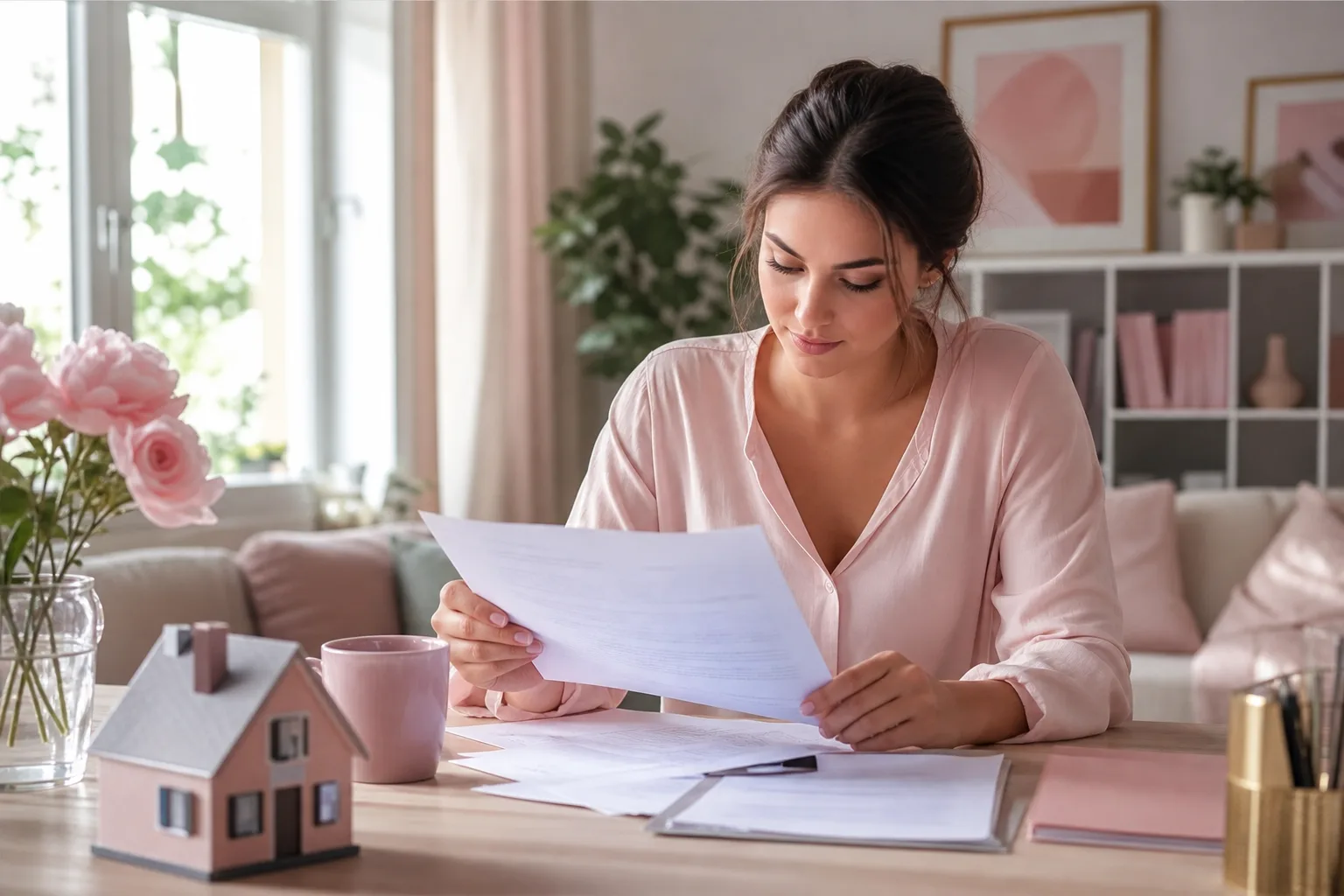 Locataire et propriétaire relisant et signant un bail de location immobilière dans un appartement lumineux.