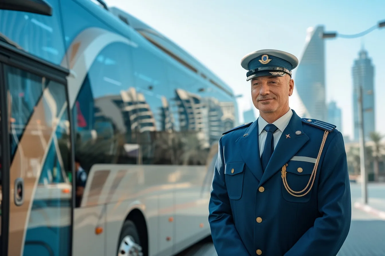 Chauffeuse de bus professionnelle au poste de conduite d’un autobus urbain à Genève.